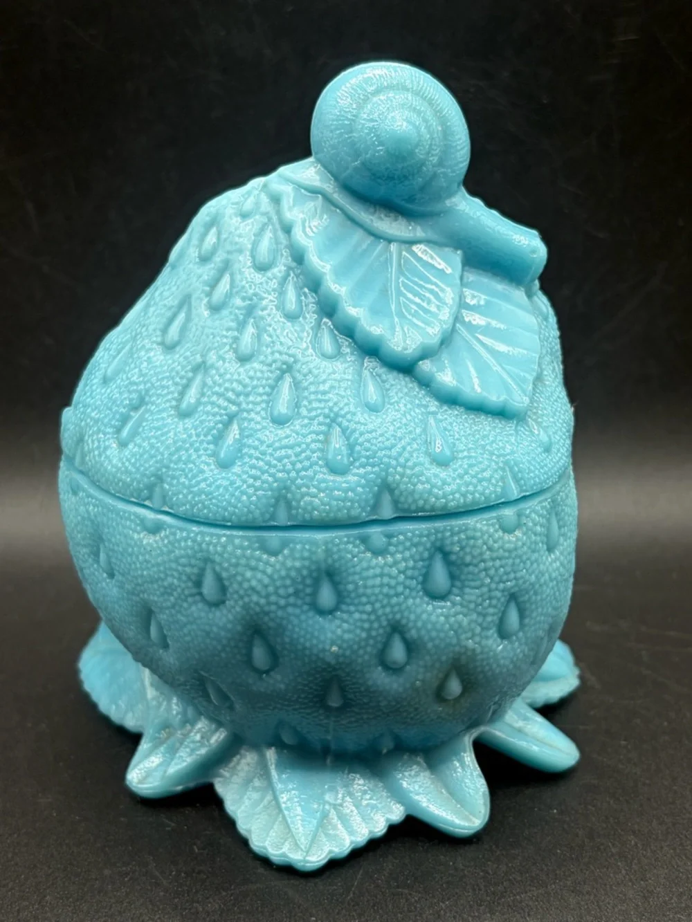 Portieux Blue Milk Glass Snail on Strawberry Lidded Dish Candy Bowl Trinket Box